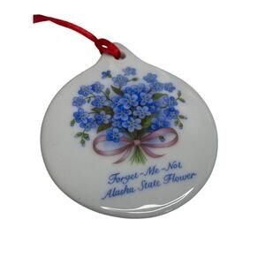 Vintage Christmas Ornament Porcelain Forget Me Not Alaska State Flower Reversibl